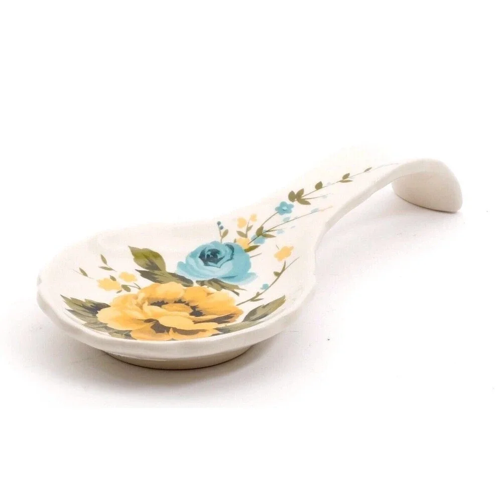 Pioneer Woman Rose Shadow Spoon Rest Yellow Blue Floral Stoneware Kitchen Gift